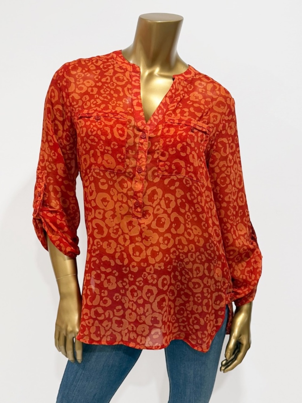 APT. 9  Women's Terra Cotta Leopard Print Roll-Tab Sleeve Tunic Top Size S